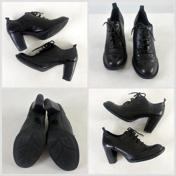 🦉Born Black Leather Oxford Lace Up Block Heel Pumps Sz 9.5 - Picture 5 of 10
